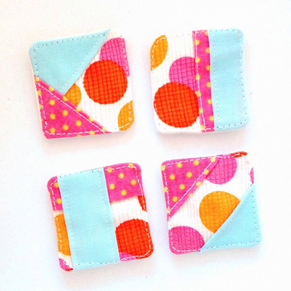 Magnets Mini Fabric Patchwork Unique Set 4 Ooak Bright Orange Pink Polk Dots Blue