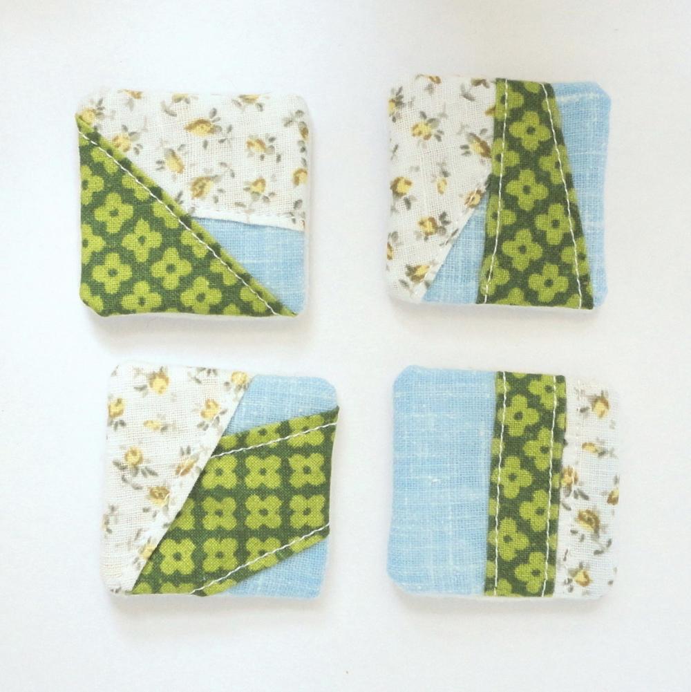 Magnets Mini Fabric Patchwork Unique Set 4 Ooak Green Blue Touch Of Yellow